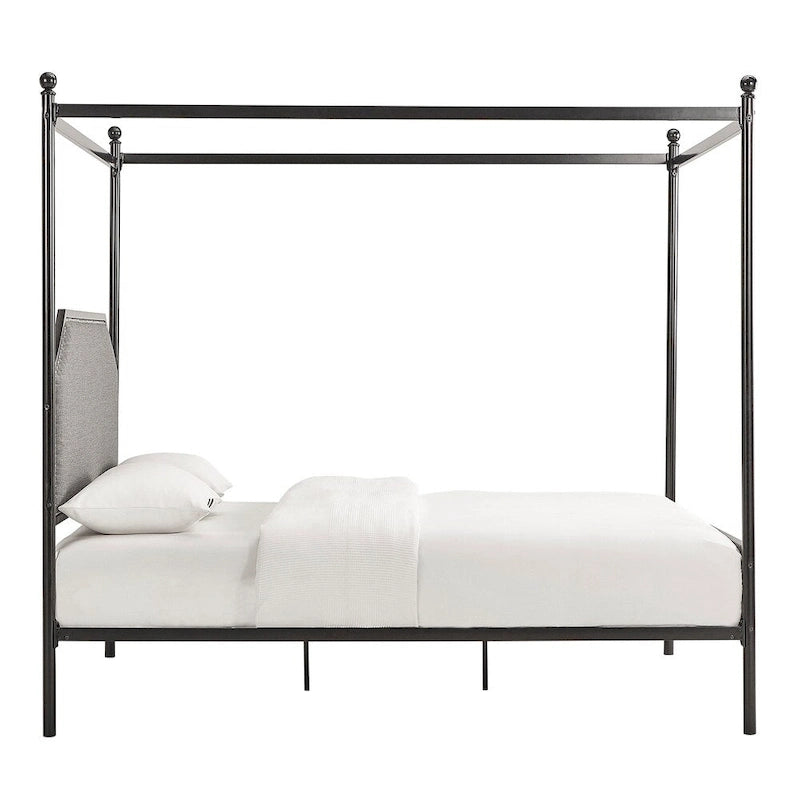 Letto Queen Size con Struttura in Metallo Grigio e Nero – Rivestito in Lino, con Borchie Argento