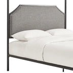 Letto Queen Size con Struttura in Metallo Grigio e Nero – Rivestito in Lino, con Borchie Argento