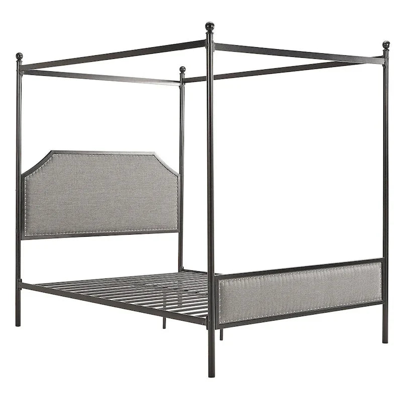Letto Queen Size con Struttura in Metallo Grigio e Nero – Rivestito in Lino, con Borchie Argento