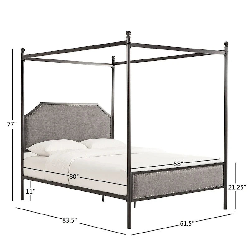 Letto Queen Size con Struttura in Metallo Grigio e Nero – Rivestito in Lino, con Borchie Argento