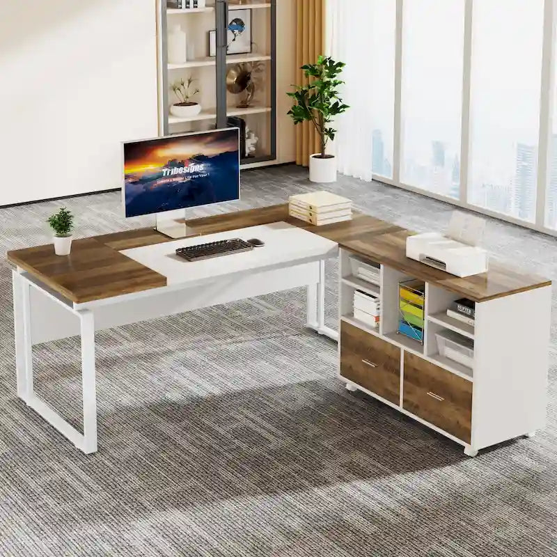 Scrivania a L con cassettiera e cassetti reversibili, marrone/grigio/marrone-nero, 1 persona