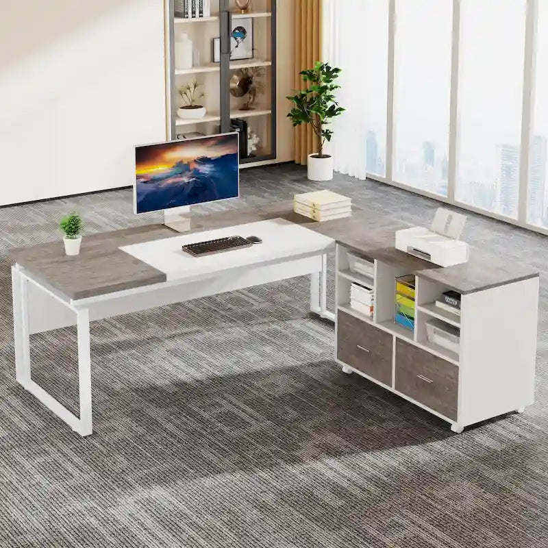 Scrivania a L con cassettiera e cassetti reversibili, marrone/grigio/marrone-nero, 1 persona