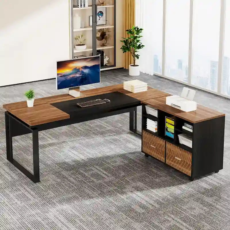Scrivania a L con cassettiera e cassetti reversibili, marrone/grigio/marrone-nero, 1 persona