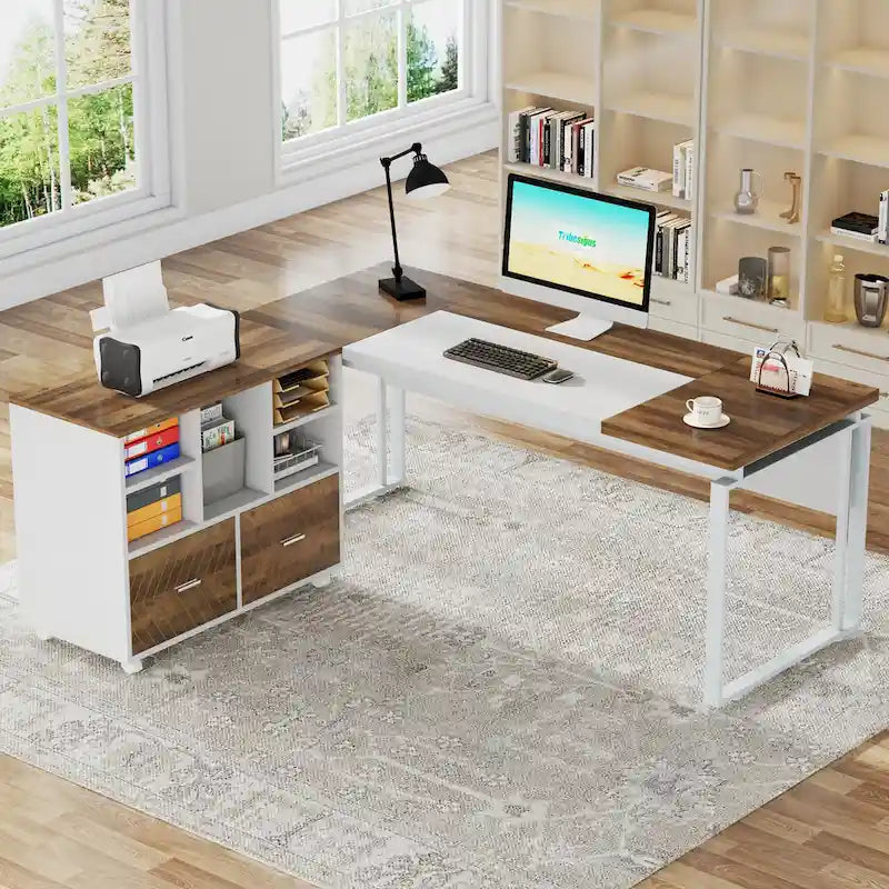 Scrivania a L con cassettiera e cassetti reversibili, marrone/grigio/marrone-nero, 1 persona