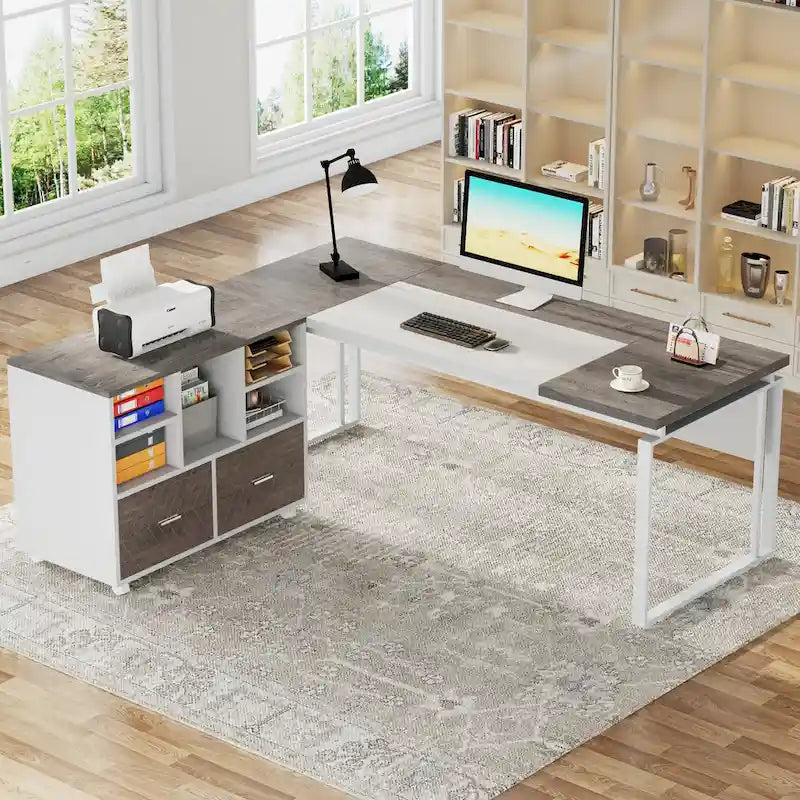 Scrivania a L con cassettiera e cassetti reversibili, marrone/grigio/marrone-nero, 1 persona