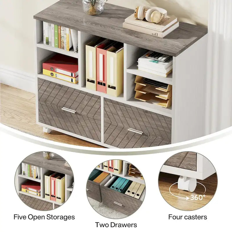 Scrivania a L con cassettiera e cassetti reversibili, marrone/grigio/marrone-nero, 1 persona