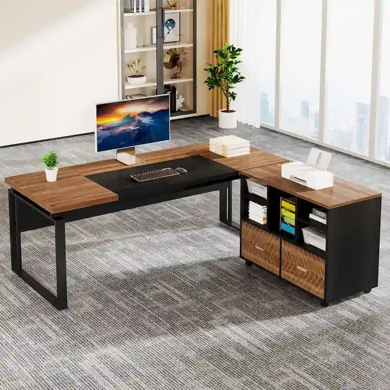 Scrivania a L con cassettiera e cassetti reversibili, marrone/grigio/marrone-nero, 1 persona
