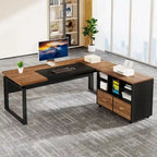 Scrivania a L con cassettiera e cassetti reversibili, marrone/grigio/marrone-nero, 1 persona