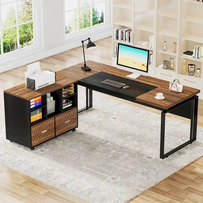 Scrivania a L con cassettiera e cassetti reversibili, marrone/grigio/marrone-nero, 1 persona
