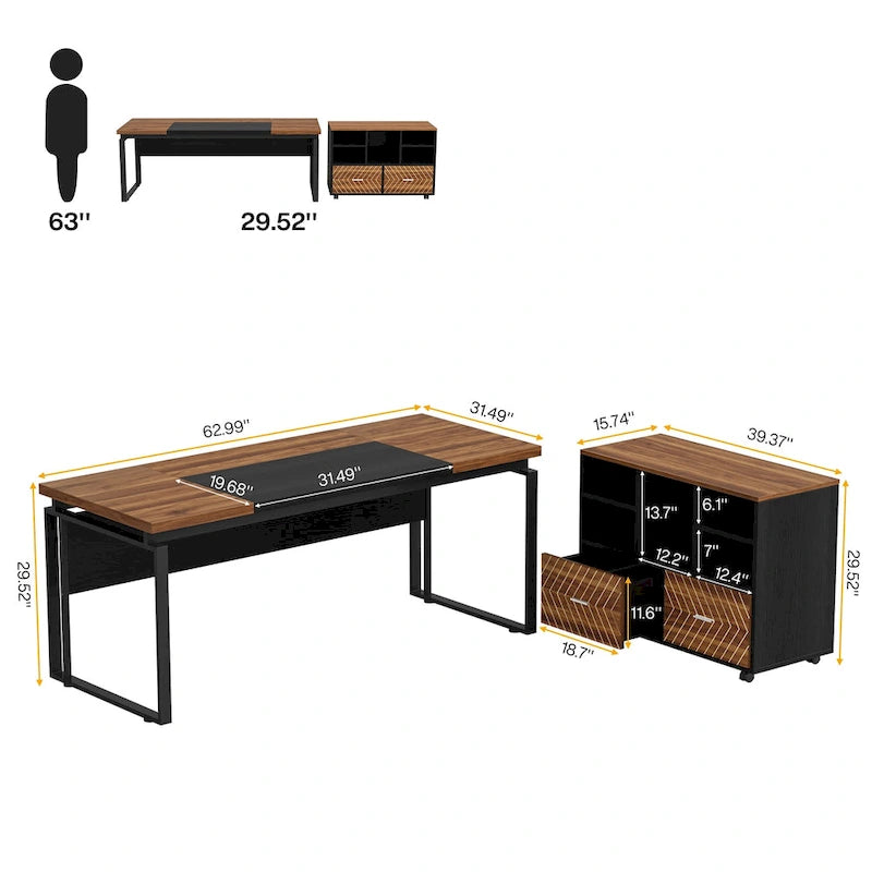 Scrivania a L con cassettiera e cassetti reversibili, marrone/grigio/marrone-nero, 1 persona