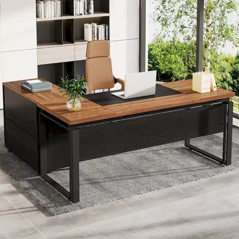 Scrivania a L con cassettiera e cassetti reversibili, marrone/grigio/marrone-nero, 1 persona
