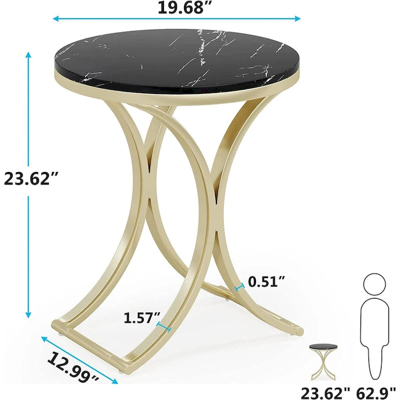 Tavolino Rotondo con Struttura in Metallo Dorato e Piano Effetto Marmo – Nero / Bianco / Marrone