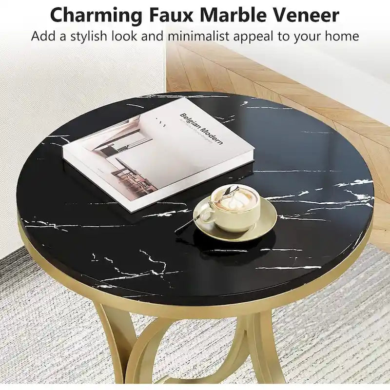 Tavolino Rotondo con Struttura in Metallo Dorato e Piano Effetto Marmo – Nero / Bianco / Marrone