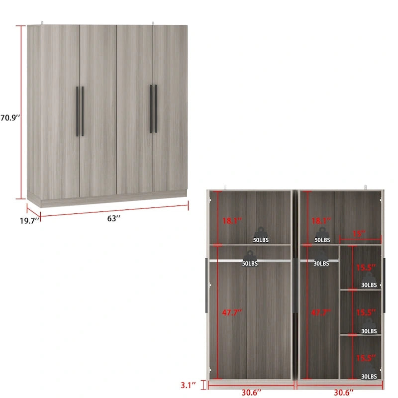 Armadio a 4 ante in legno bianco e grigio, stile per 2 persone