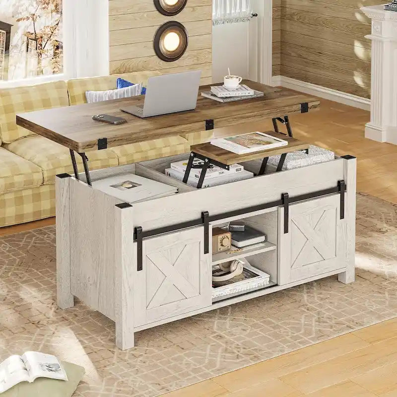 Tavolino da caffè sollevabile con contenitore, stile rustico, colore Marrone/Grigio/Bianco Antico, ospita fino a 8 persone