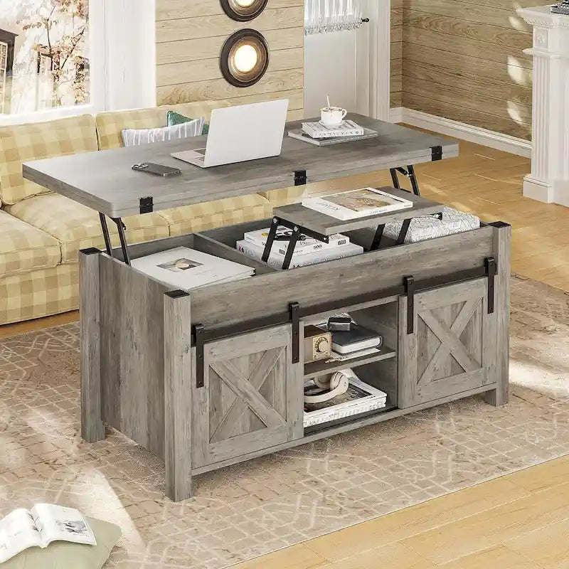 Tavolino da caffè sollevabile con contenitore, stile rustico, colore Marrone/Grigio/Bianco Antico, ospita fino a 8 persone