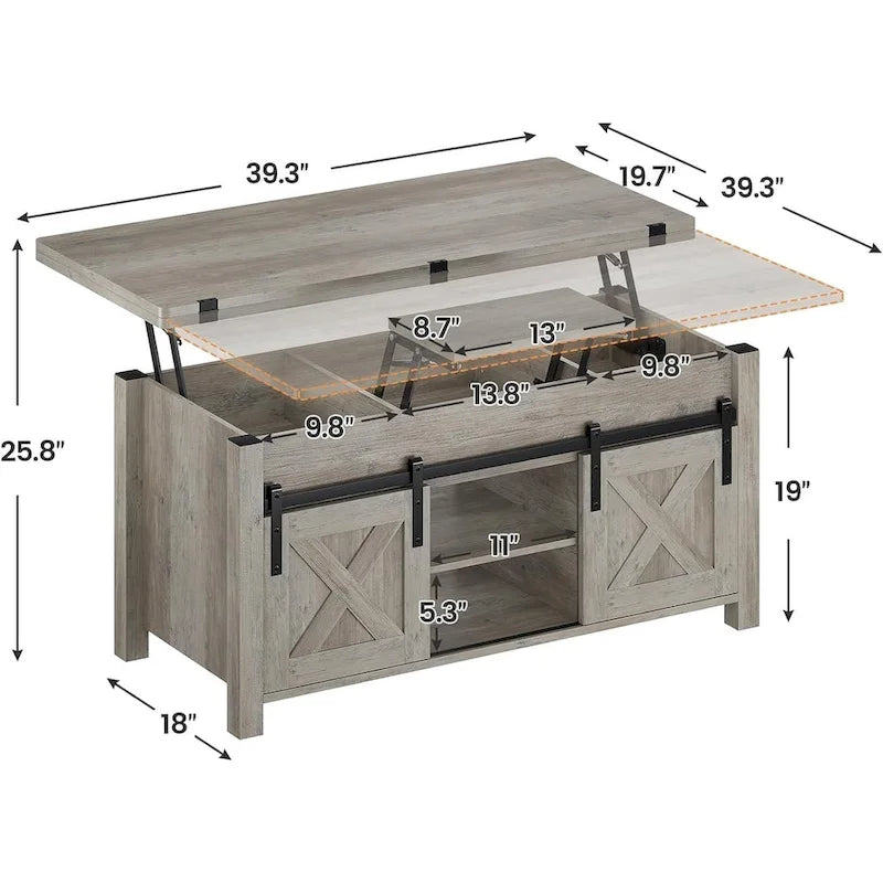 Tavolino da caffè sollevabile con contenitore, stile rustico, colore Marrone/Grigio/Bianco Antico, ospita fino a 8 persone