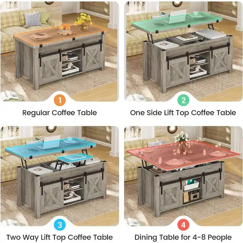 Tavolino da caffè sollevabile con contenitore, stile rustico, colore Marrone/Grigio/Bianco Antico, ospita fino a 8 persone