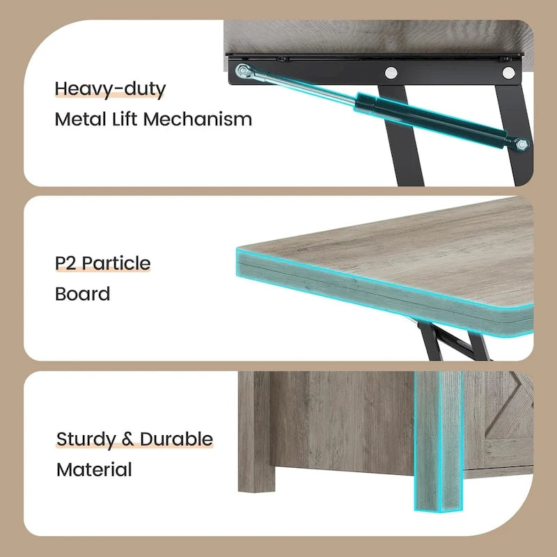 Tavolino da caffè sollevabile con contenitore, stile rustico, colore Marrone/Grigio/Bianco Antico, ospita fino a 8 persone