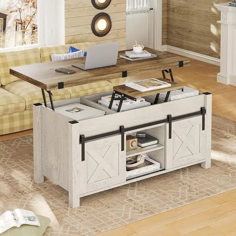 Tavolino da caffè sollevabile con contenitore, stile rustico, colore Marrone/Grigio/Bianco Antico, ospita fino a 8 persone