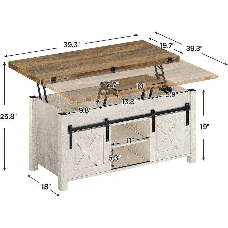 Tavolino da caffè sollevabile con contenitore, stile rustico, colore Marrone/Grigio/Bianco Antico, ospita fino a 8 persone