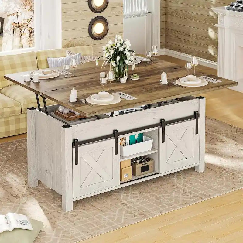 Tavolino da caffè sollevabile con contenitore, stile rustico, colore Marrone/Grigio/Bianco Antico, ospita fino a 8 persone