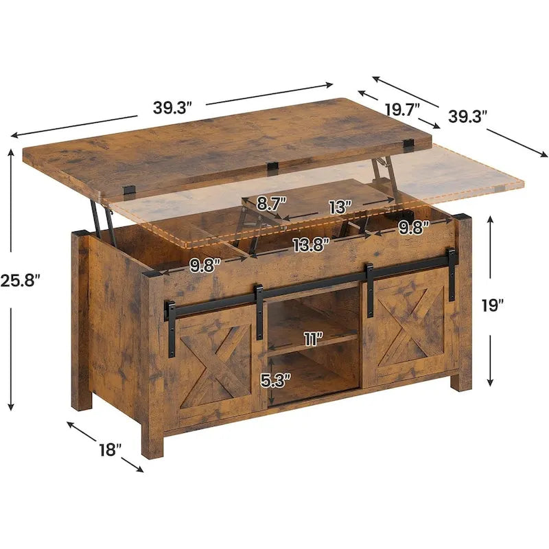 Tavolino da caffè sollevabile con contenitore, stile rustico, colore Marrone/Grigio/Bianco Antico, ospita fino a 8 persone