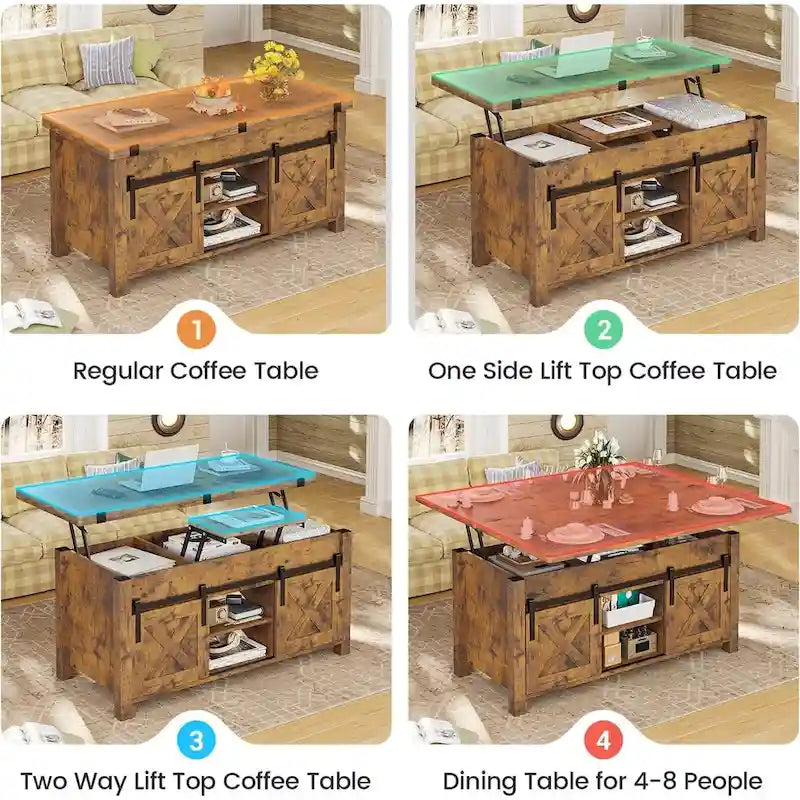 Tavolino da caffè sollevabile con contenitore, stile rustico, colore Marrone/Grigio/Bianco Antico, ospita fino a 8 persone