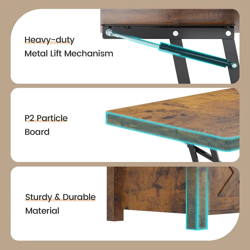 Tavolino da caffè sollevabile con contenitore, stile rustico, colore Marrone/Grigio/Bianco Antico, ospita fino a 8 persone