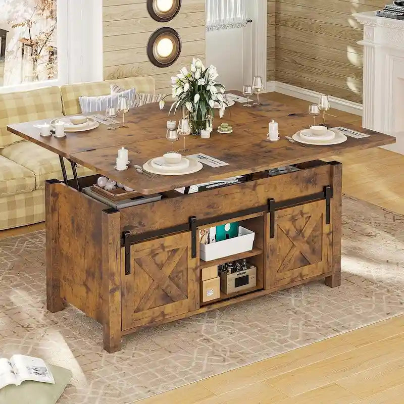 Tavolino da caffè sollevabile con contenitore, stile rustico, colore Marrone/Grigio/Bianco Antico, ospita fino a 8 persone