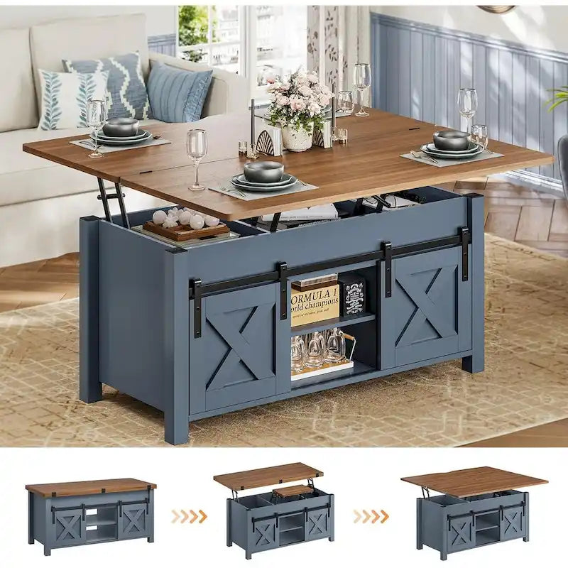 Tavolino da caffè sollevabile con contenitore, stile rustico, colore Marrone/Grigio/Bianco Antico, ospita fino a 8 persone