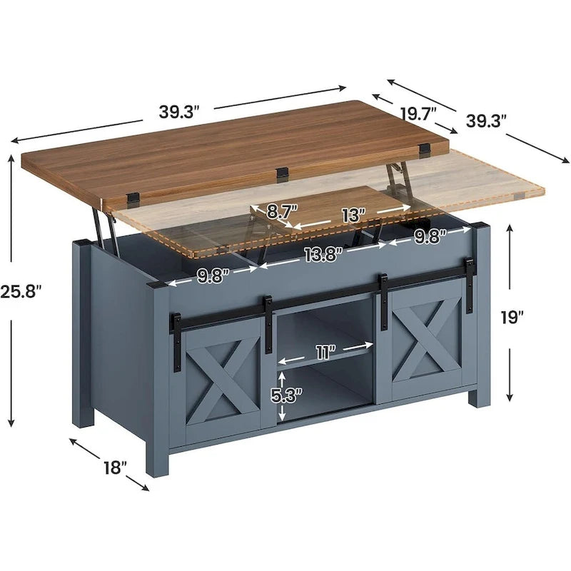 Tavolino da caffè sollevabile con contenitore, stile rustico, colore Marrone/Grigio/Bianco Antico, ospita fino a 8 persone