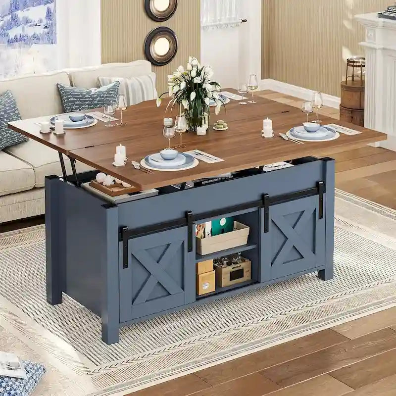 Tavolino da caffè sollevabile con contenitore, stile rustico, colore Marrone/Grigio/Bianco Antico, ospita fino a 8 persone