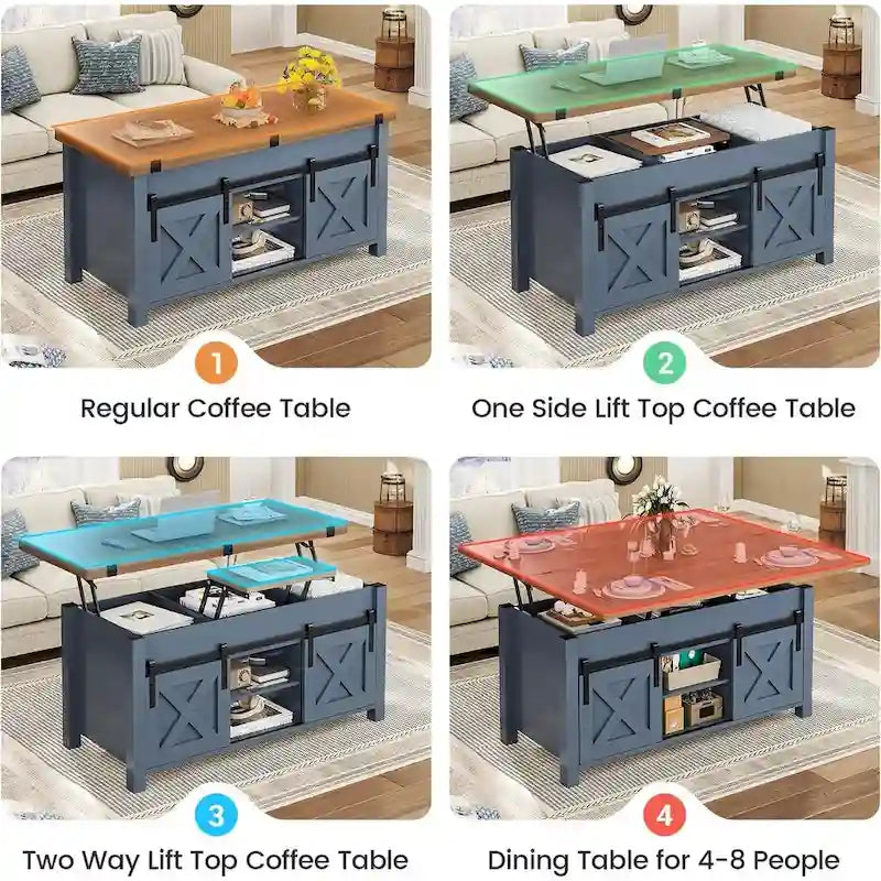 Tavolino da caffè sollevabile con contenitore, stile rustico, colore Marrone/Grigio/Bianco Antico, ospita fino a 8 persone