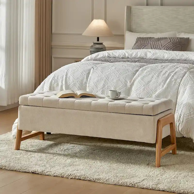 Panca contenitore imbottita in stile metà secolo con seduta trapuntata e gambe in legno – Marrone chiaro / Marrone / Turchese / Avorio / Nero / Cioccolato / Grigio / Tortora
