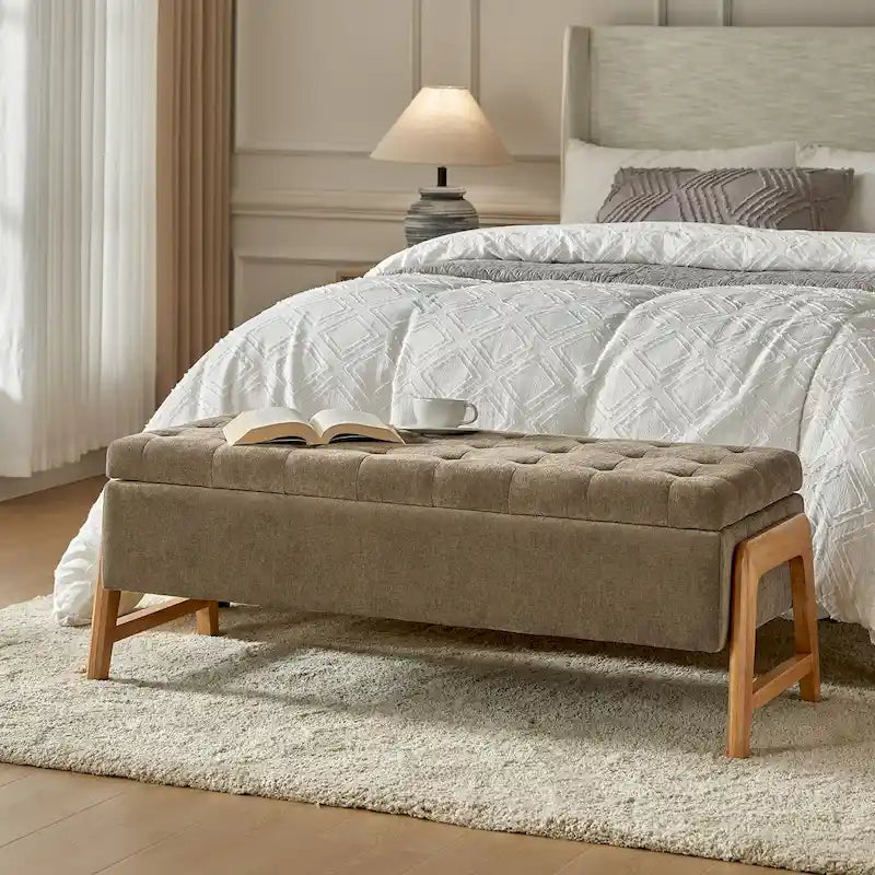 Panca contenitore imbottita in stile metà secolo con seduta trapuntata e gambe in legno – Marrone chiaro / Marrone / Turchese / Avorio / Nero / Cioccolato / Grigio / Tortora