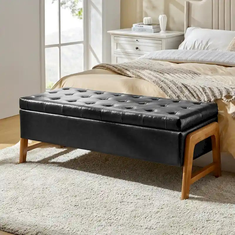 Panca contenitore imbottita in stile metà secolo con seduta trapuntata e gambe in legno – Marrone chiaro / Marrone / Turchese / Avorio / Nero / Cioccolato / Grigio / Tortora