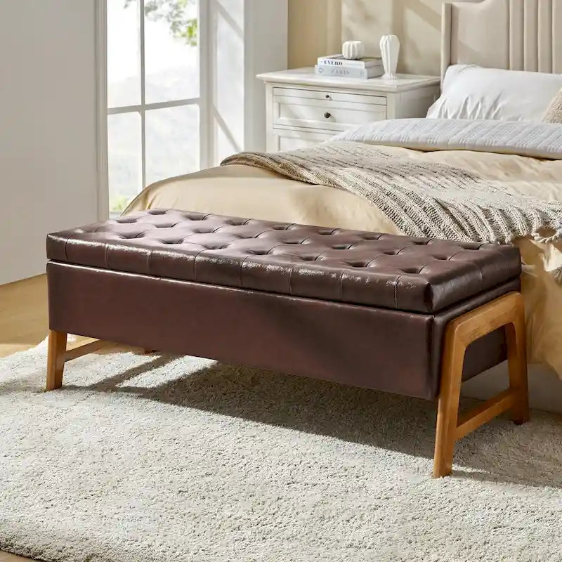 Panca contenitore imbottita in stile metà secolo con seduta trapuntata e gambe in legno – Marrone chiaro / Marrone / Turchese / Avorio / Nero / Cioccolato / Grigio / Tortora