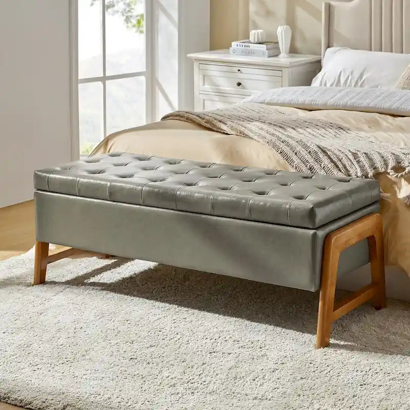 Panca contenitore imbottita in stile metà secolo con seduta trapuntata e gambe in legno – Marrone chiaro / Marrone / Turchese / Avorio / Nero / Cioccolato / Grigio / Tortora