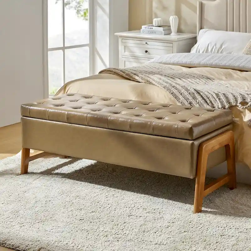 Panca contenitore imbottita in stile metà secolo con seduta trapuntata e gambe in legno – Marrone chiaro / Marrone / Turchese / Avorio / Nero / Cioccolato / Grigio / Tortora