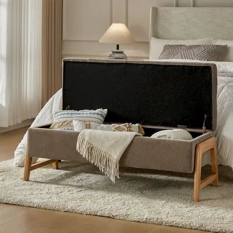 Panca contenitore imbottita in stile metà secolo con seduta trapuntata e gambe in legno – Marrone chiaro / Marrone / Turchese / Avorio / Nero / Cioccolato / Grigio / Tortora