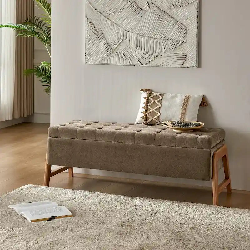 Panca contenitore imbottita in stile metà secolo con seduta trapuntata e gambe in legno – Marrone chiaro / Marrone / Turchese / Avorio / Nero / Cioccolato / Grigio / Tortora