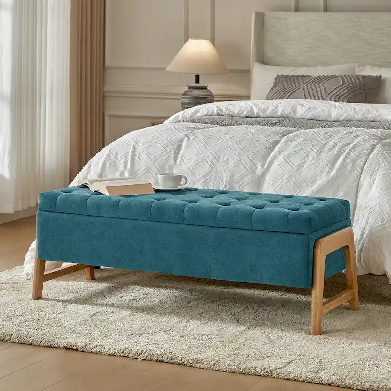 Panca contenitore imbottita in stile metà secolo con seduta trapuntata e gambe in legno – Marrone chiaro / Marrone / Turchese / Avorio / Nero / Cioccolato / Grigio / Tortora