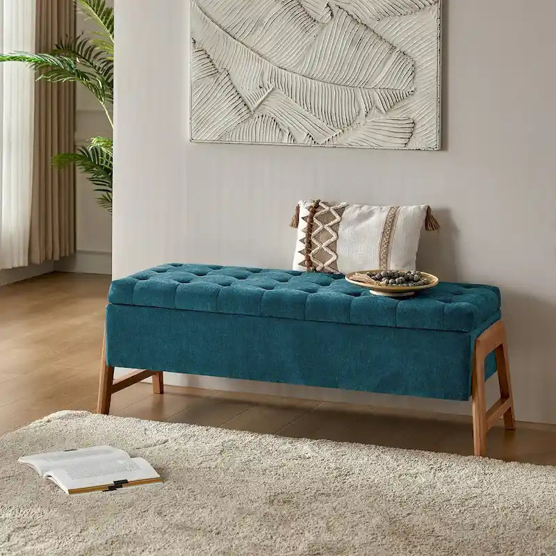 Panca contenitore imbottita in stile metà secolo con seduta trapuntata e gambe in legno – Marrone chiaro / Marrone / Turchese / Avorio / Nero / Cioccolato / Grigio / Tortora