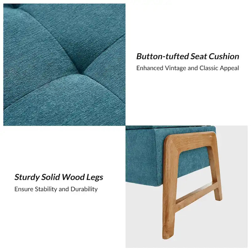 Panca contenitore imbottita in stile metà secolo con seduta trapuntata e gambe in legno – Marrone chiaro / Marrone / Turchese / Avorio / Nero / Cioccolato / Grigio / Tortora