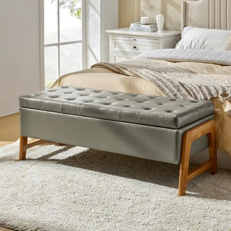 Panca contenitore imbottita in stile metà secolo con seduta trapuntata e gambe in legno – Marrone chiaro / Marrone / Turchese / Avorio / Nero / Cioccolato / Grigio / Tortora