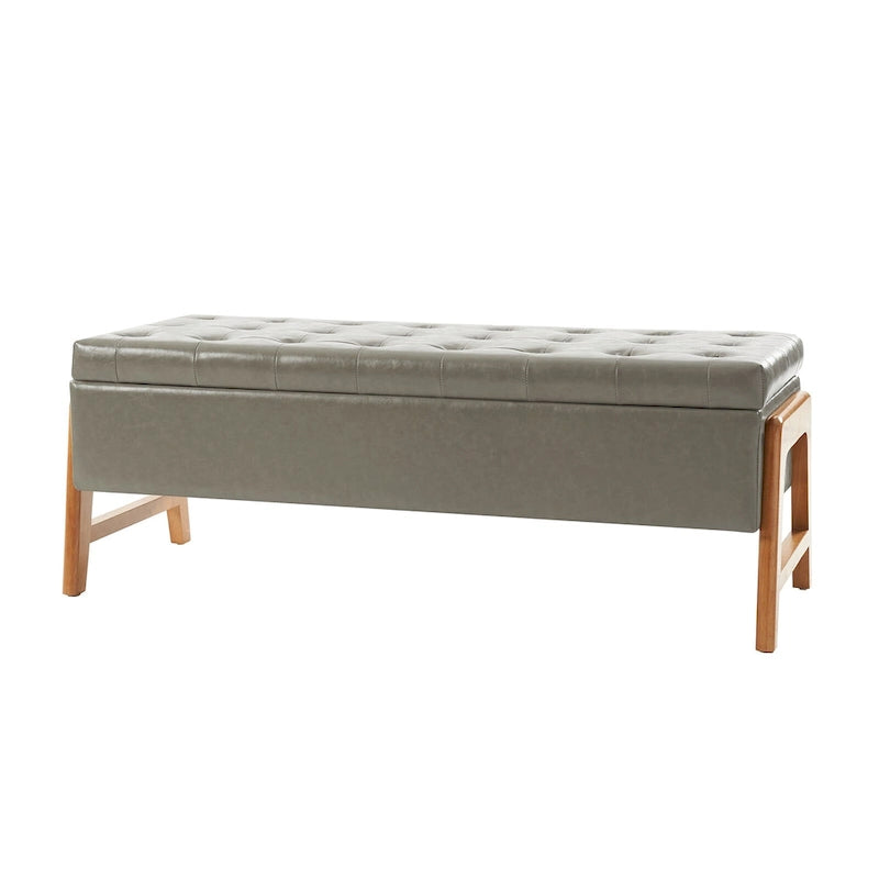 Panca contenitore imbottita in stile metà secolo con seduta trapuntata e gambe in legno – Marrone chiaro / Marrone / Turchese / Avorio / Nero / Cioccolato / Grigio / Tortora