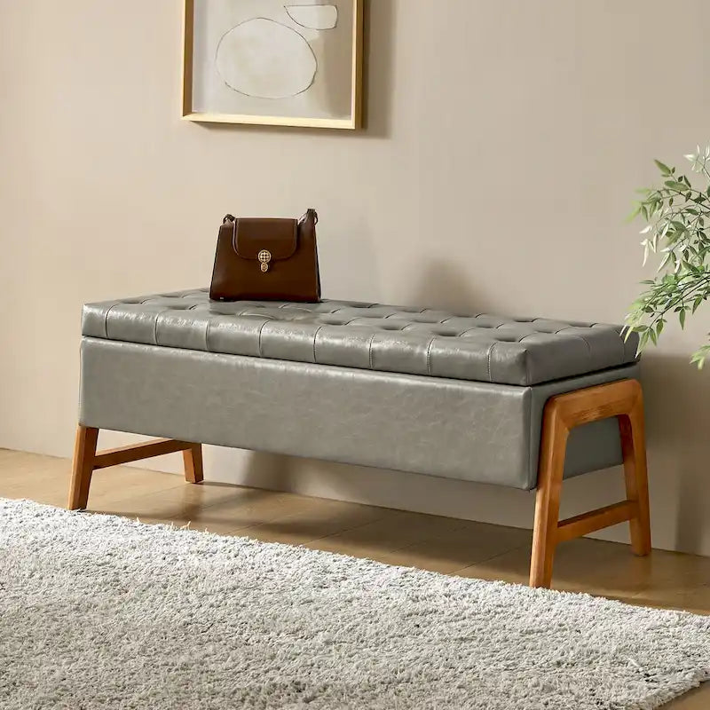 Panca contenitore imbottita in stile metà secolo con seduta trapuntata e gambe in legno – Marrone chiaro / Marrone / Turchese / Avorio / Nero / Cioccolato / Grigio / Tortora