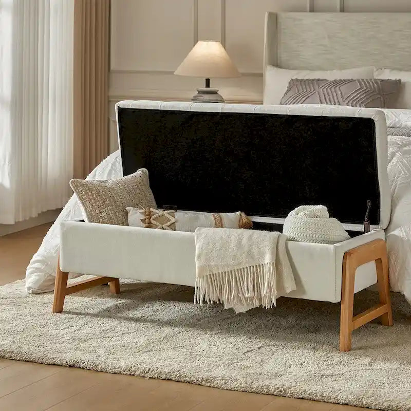 Panca contenitore imbottita in stile metà secolo con seduta trapuntata e gambe in legno – Marrone chiaro / Marrone / Turchese / Avorio / Nero / Cioccolato / Grigio / Tortora