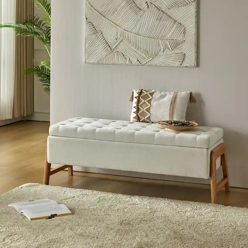 Panca contenitore imbottita in stile metà secolo con seduta trapuntata e gambe in legno – Marrone chiaro / Marrone / Turchese / Avorio / Nero / Cioccolato / Grigio / Tortora